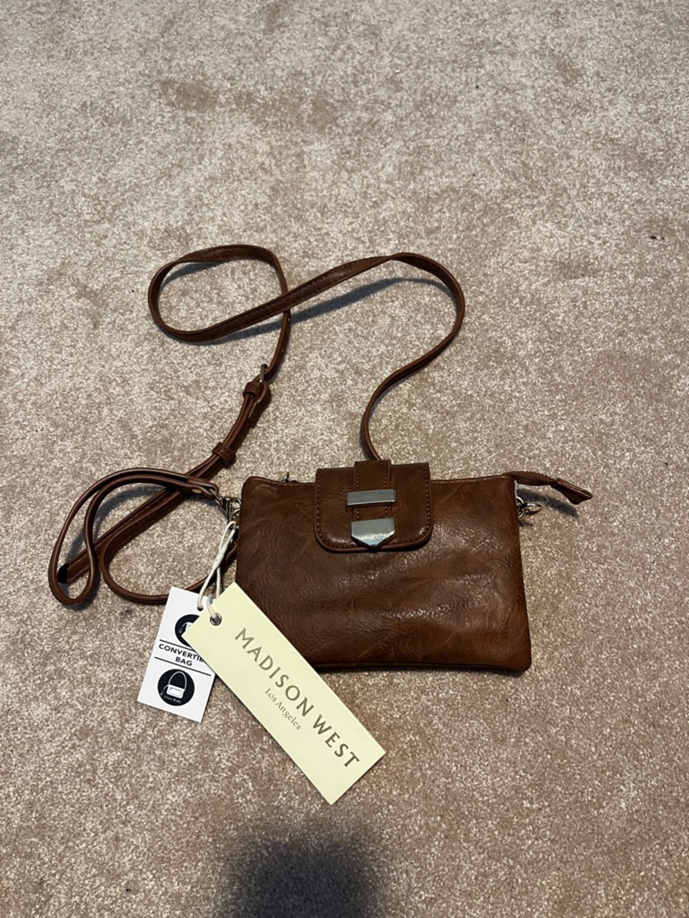 Madison West Brown Convertible Crossbody Clutch with Gold Accent